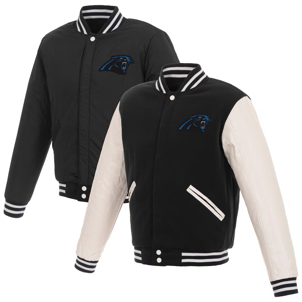 Carolina Panthers NFL JH Design Reversible Fleece Full-Snap Jacket with Faux Leather Sleeves – Black/White (USA Stock) - UKASSNI
