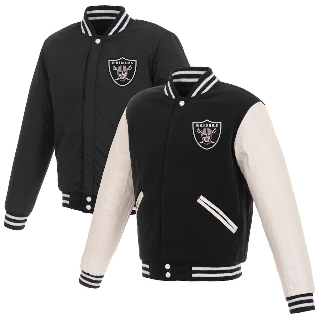 Las Vegas Raiders NFL JH Design Reversible Fleece Full-Snap Jacket with Faux Leather Sleeves – Black/White (USA Stock) - UKASSNI