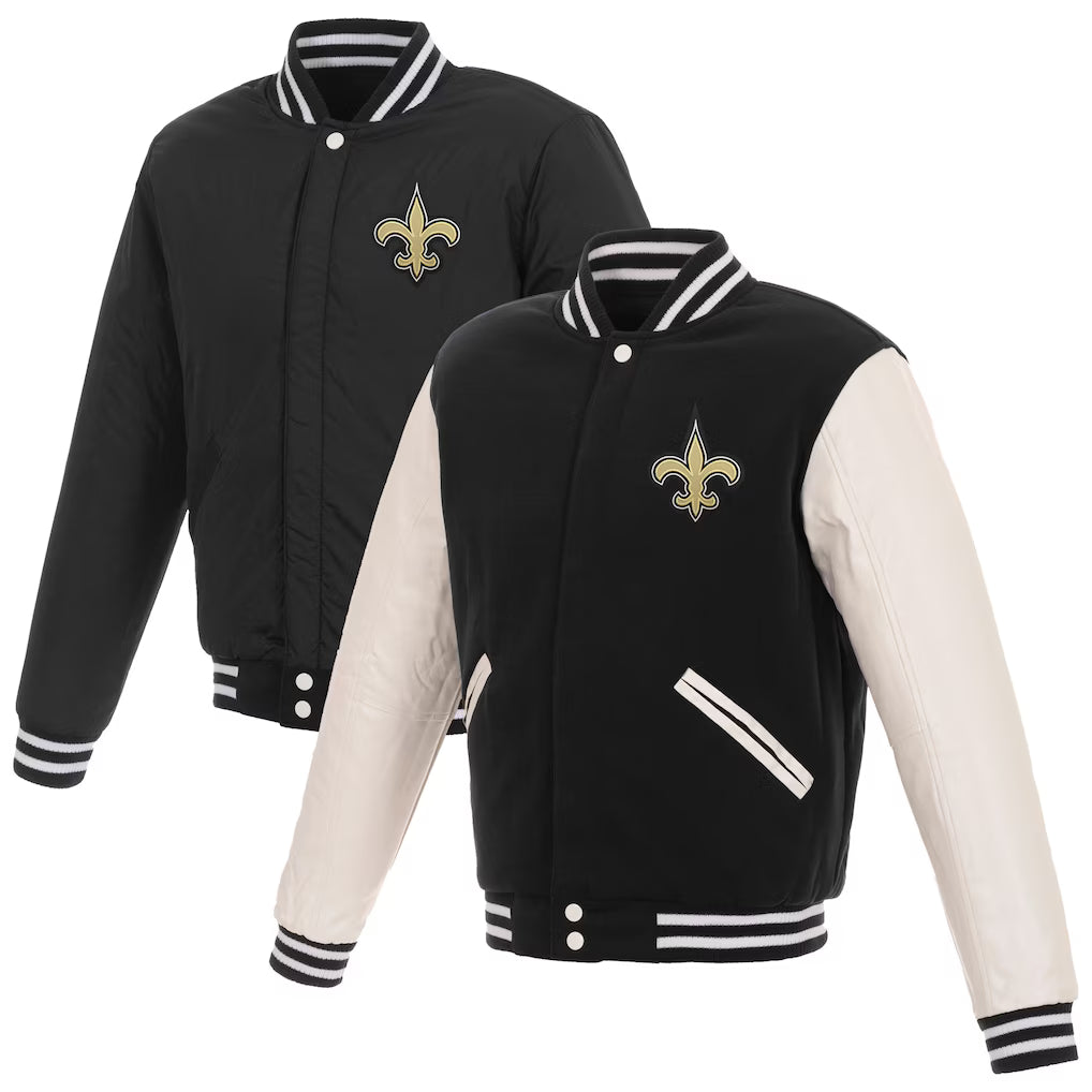New Orleans Saints NFL JH Design Reversible Fleece Full-Snap Jacket with Faux Leather Sleeves – Black/White (USA Stock) - UKASSNI