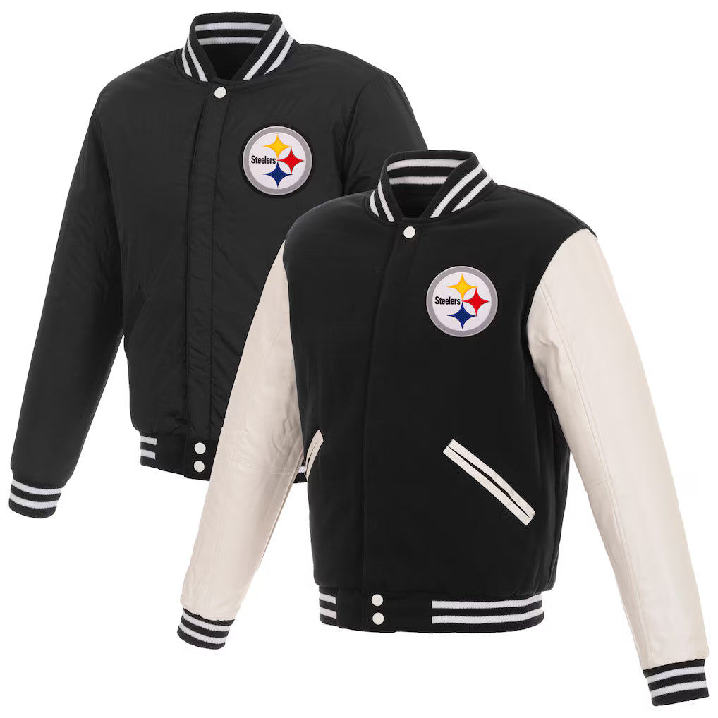 Pittsburgh Steelers NFL JH Design Reversible Fleece Full-Snap Jacket with Faux Leather Sleeves – Black/White (USA Stock) - UKASSNI