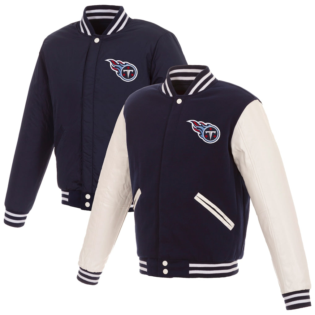 Tennessee Titans NFL JH Design Reversible Fleece Full-Snap Jacket with Faux Leather Sleeves – Navy/White (USA Stock) - UKASSNI