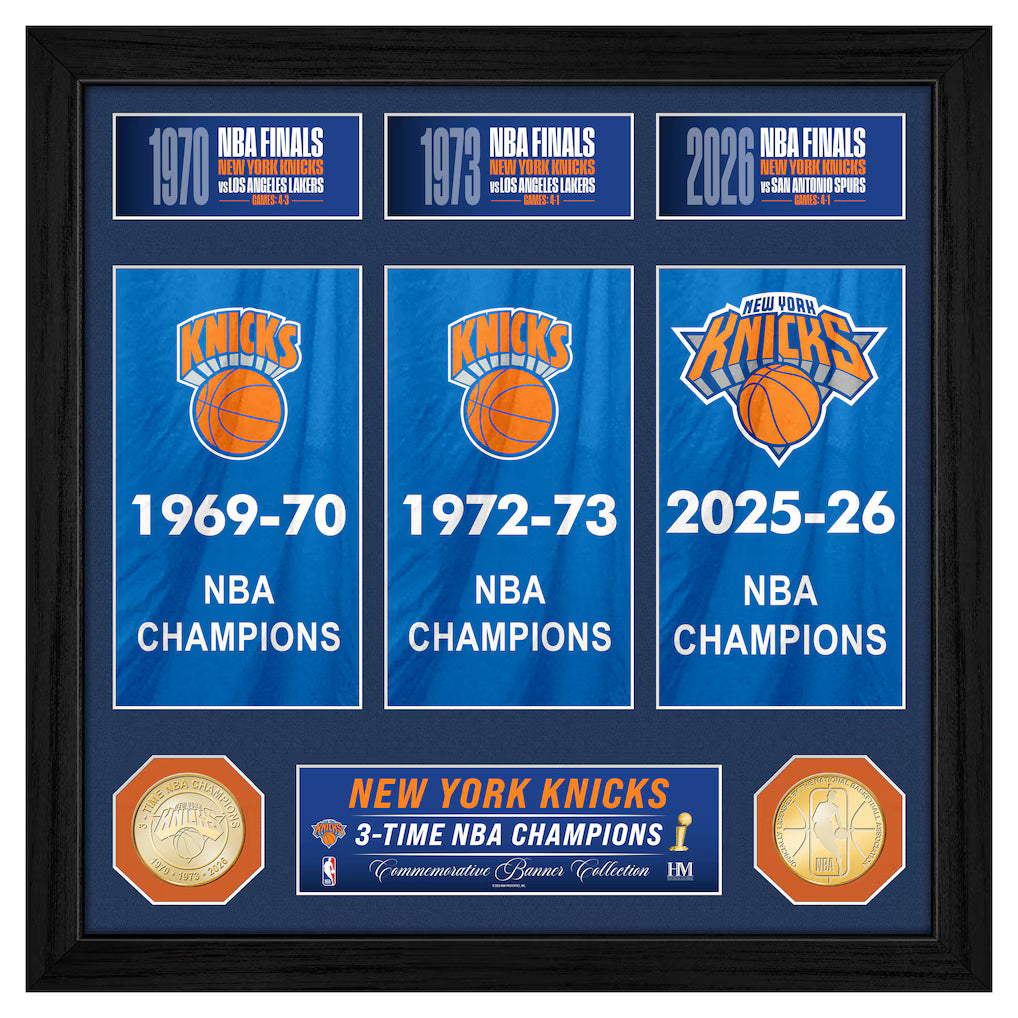 New York Knicks Photo Mint - NBA Highland Mint Three-Time Finals Champions 13" x 13" Banner Bronze Coin – Blue/Black (USA Sourced)