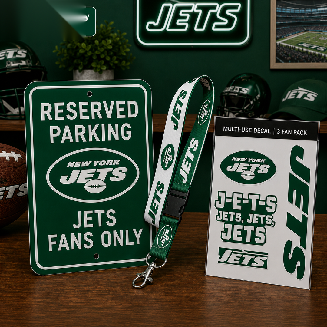 New York Jets NFL Reserved Parking Sign, Lanyard &amp; Decal Pack Fan Bundle – Green/White (UK Stock)