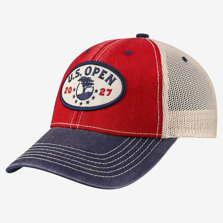 Pebble Beach Golf Hat – Ahead US Open 2027 Heavy Washed Tea Stain – Red/Navy (USA Sourced)