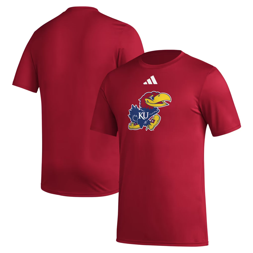 Kansas Jayhawks T-Shirt – NCAA adidas Primary Locker Logo Pre-Game AEROREADY – Red (USA Sourced)