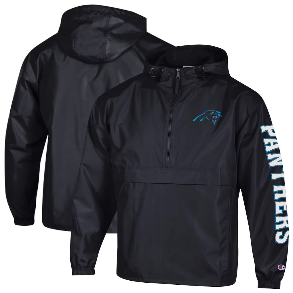 Carolina Panthers Windbreaker Jacket – NFL Champion Packable Half-Zip – Black (USA Sourced) by Champion
