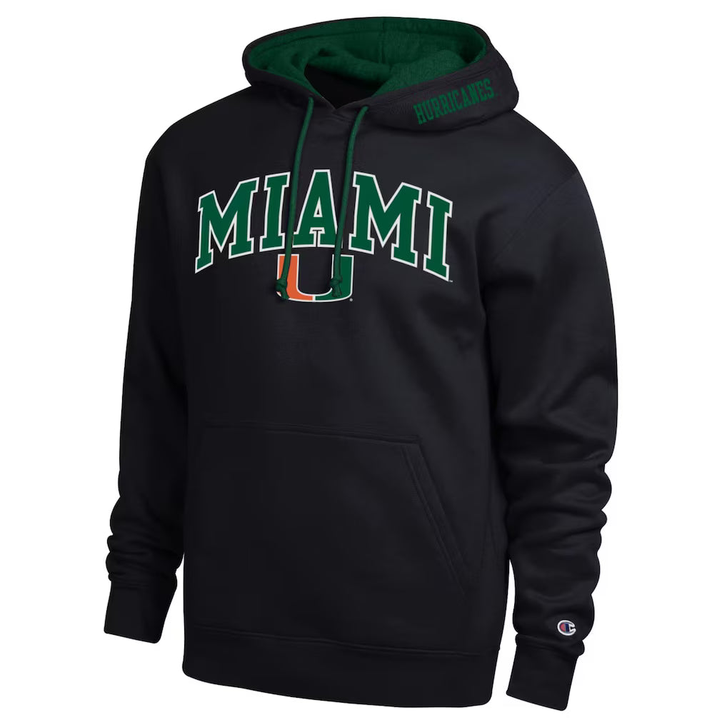 Miami Hurricanes Hoodie – Champion Arch Tackle Twill – Black (USA Sourced)