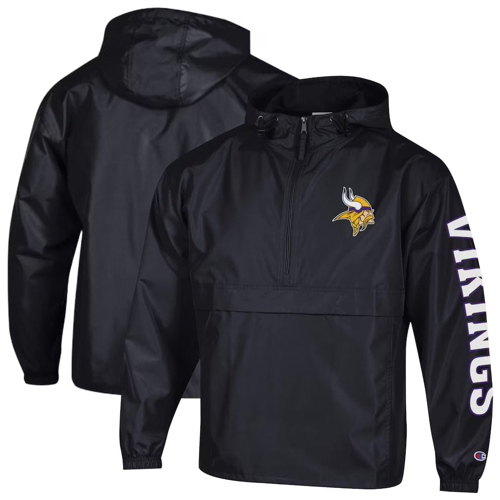 Minnesota Vikings Windbreaker Jacket – NFL Champion Packable Half-Zip – Black (USA Sourced) by Champion