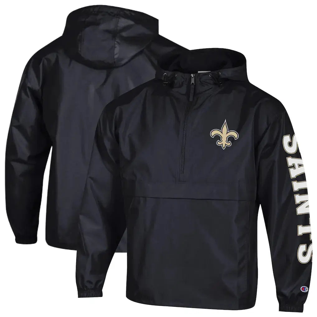 New Orleans Saints Windbreaker Jacket – NFL Champion Packable Half-Zip – Black (USA Sourced) by Champion