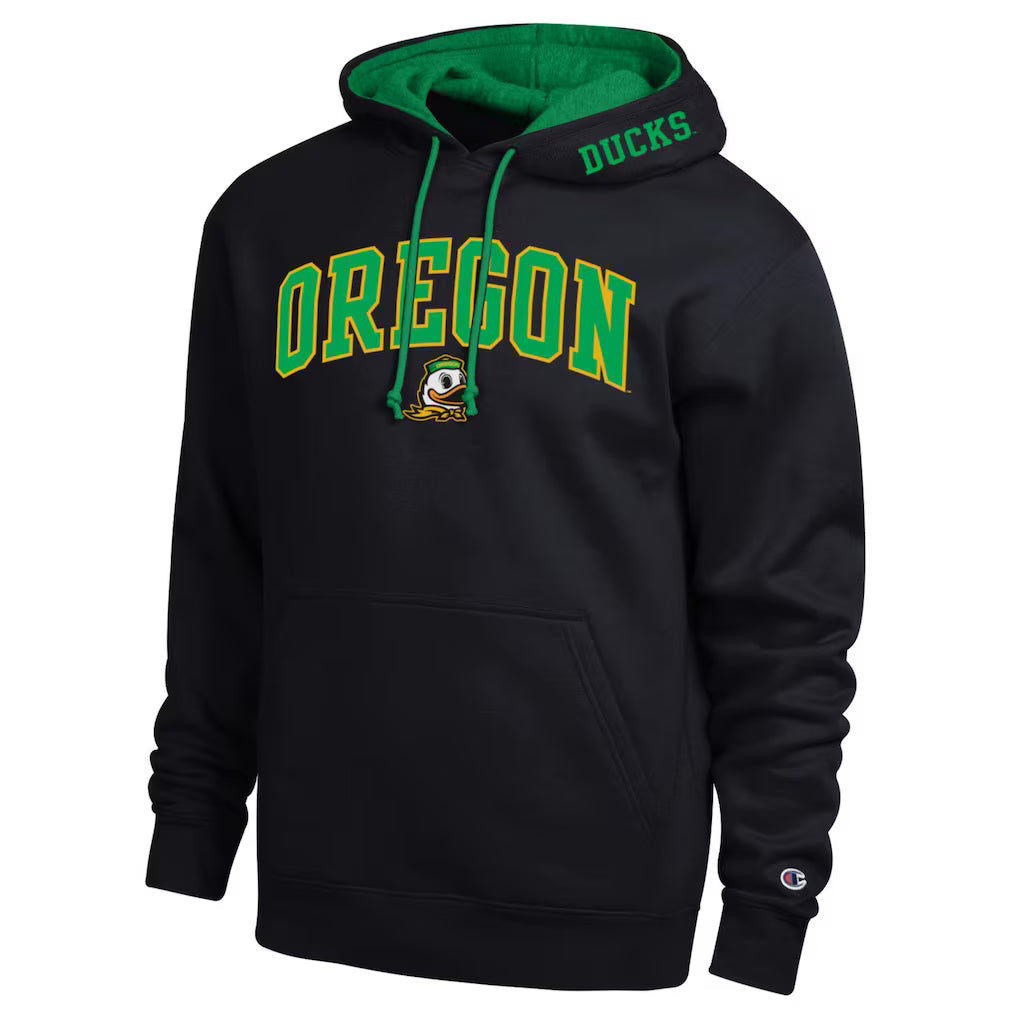 Oregon Ducks Hoodie – Champion Arch Tackle Twill – Black (USA Sourced)
