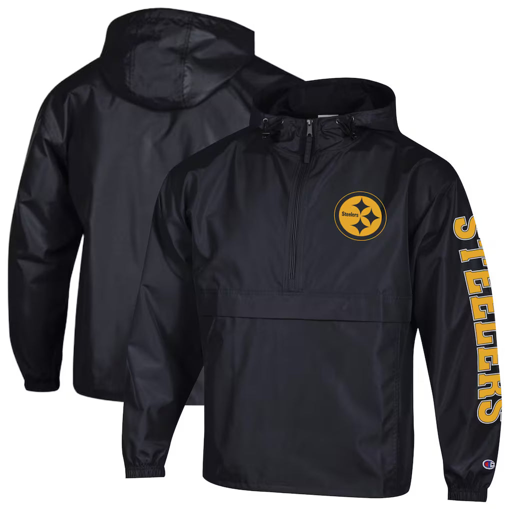 Pittsburgh Steelers Windbreaker Jacket – NFL Champion Packable Half-Zip – Black (USA Sourced) by Champion