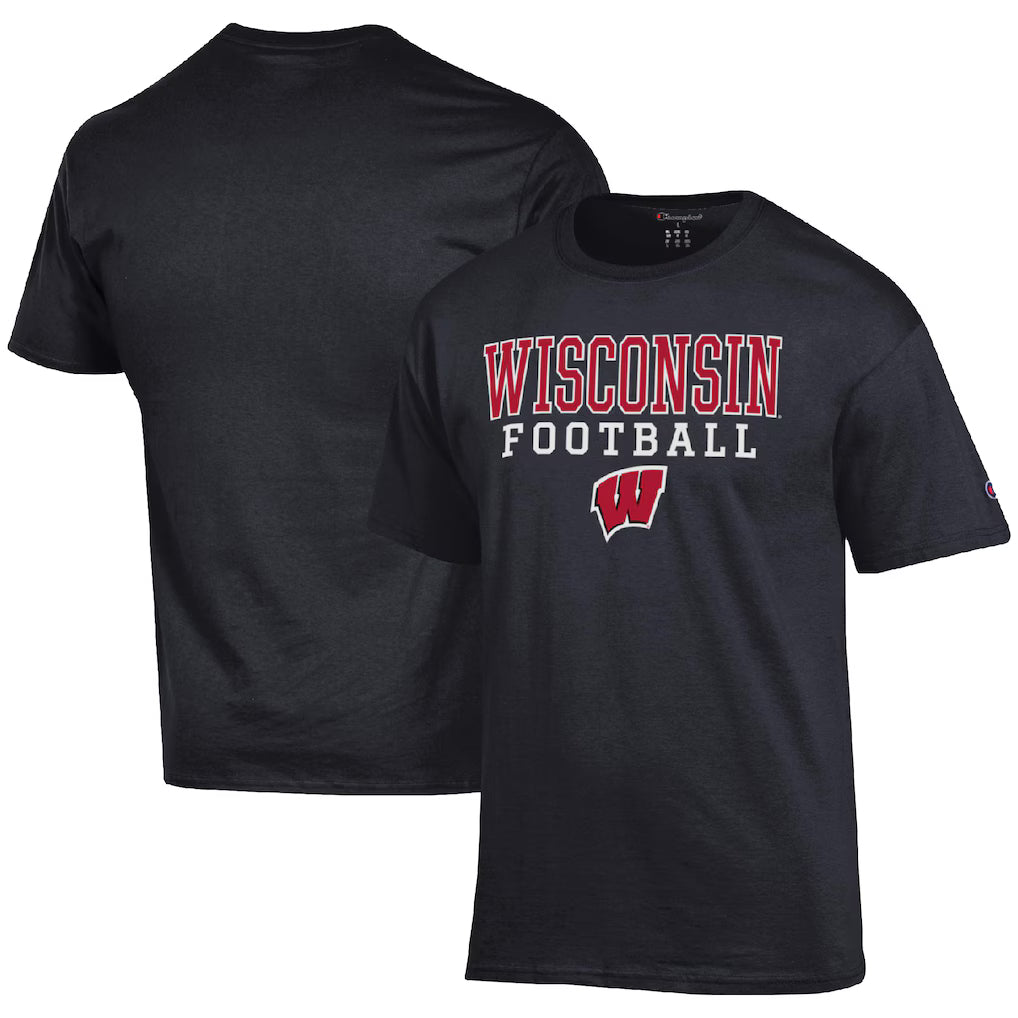 Wisconsin Badgers NCAA Champion Football Stack T-Shirt – Black (USA Stock) - UKASSNI