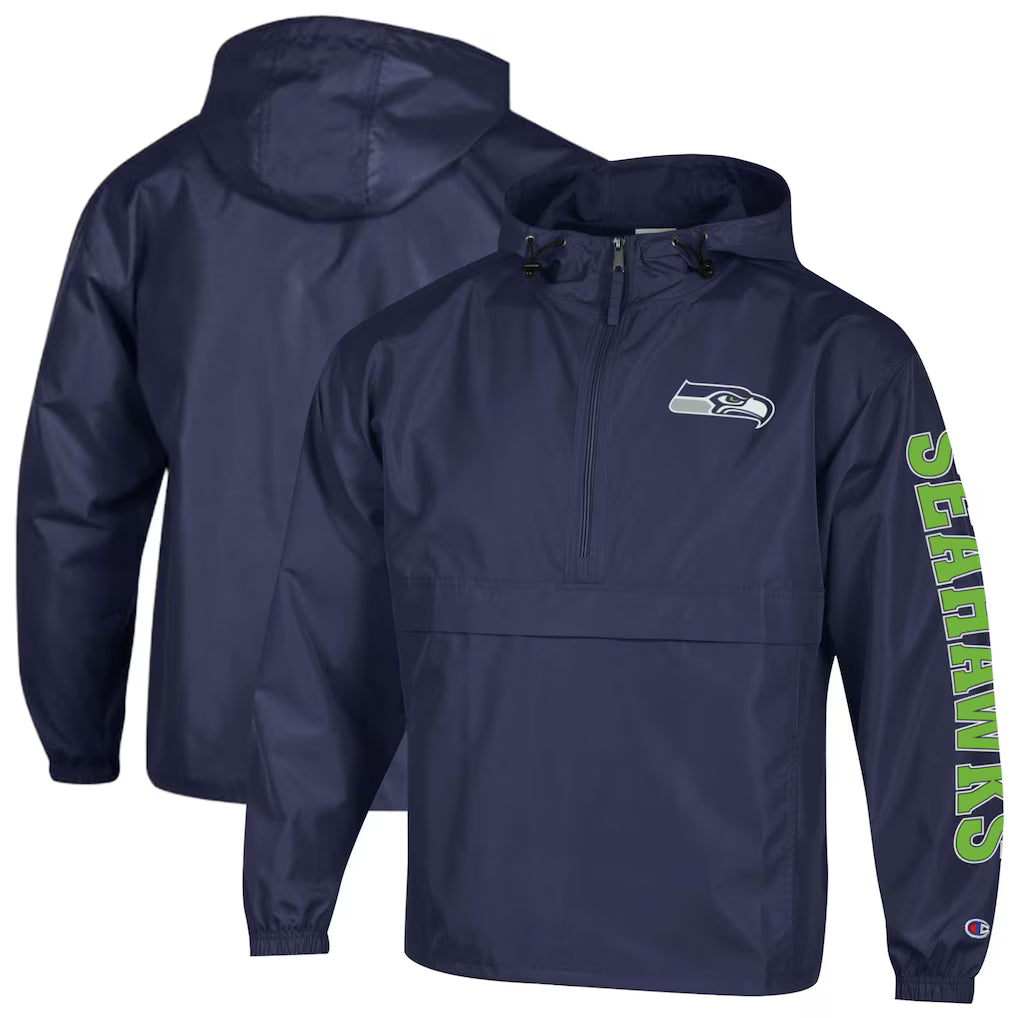 Seattle Seahawks Windbreaker Jacket – NFL Champion Packable Half-Zip – College Navy (USA Sourced) by Champion