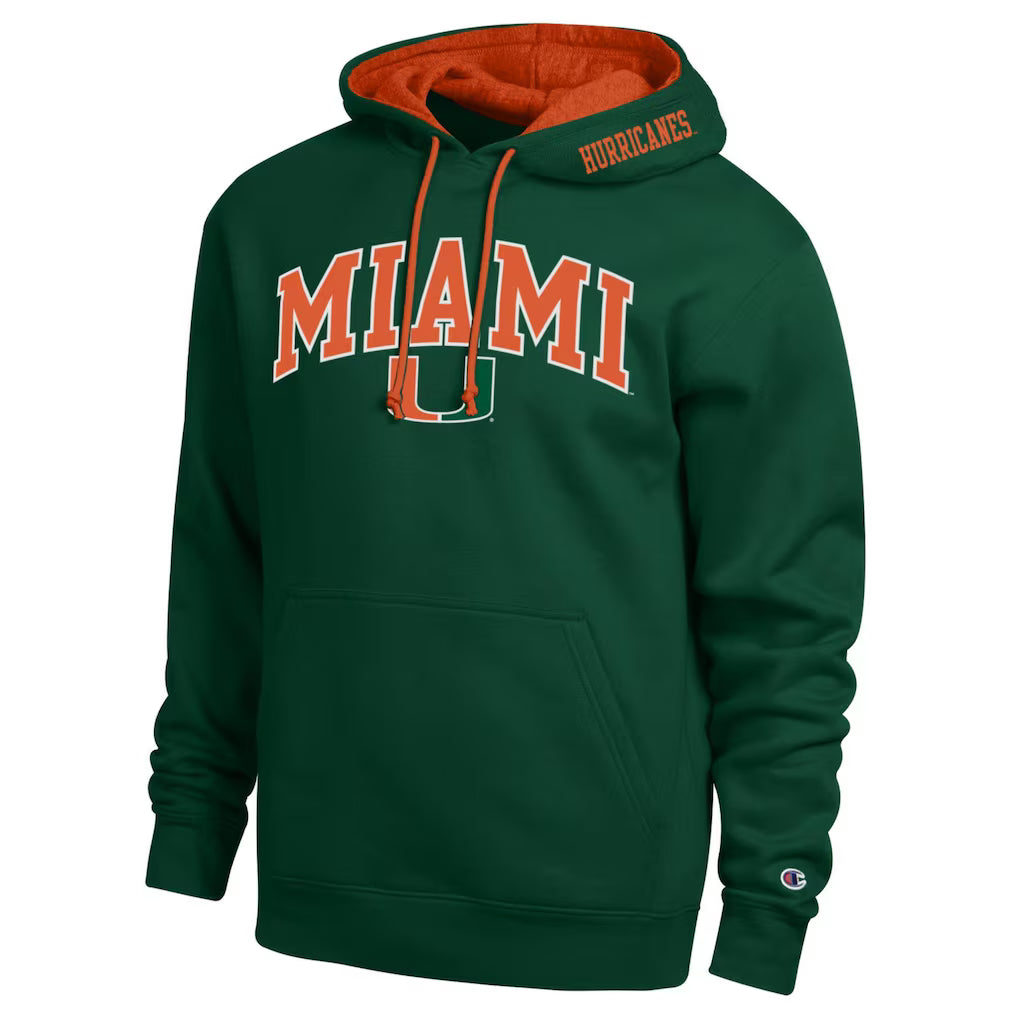 Miami Hurricanes Hoodie – Champion Arch Tackle Twill – Green (USA Sourced)