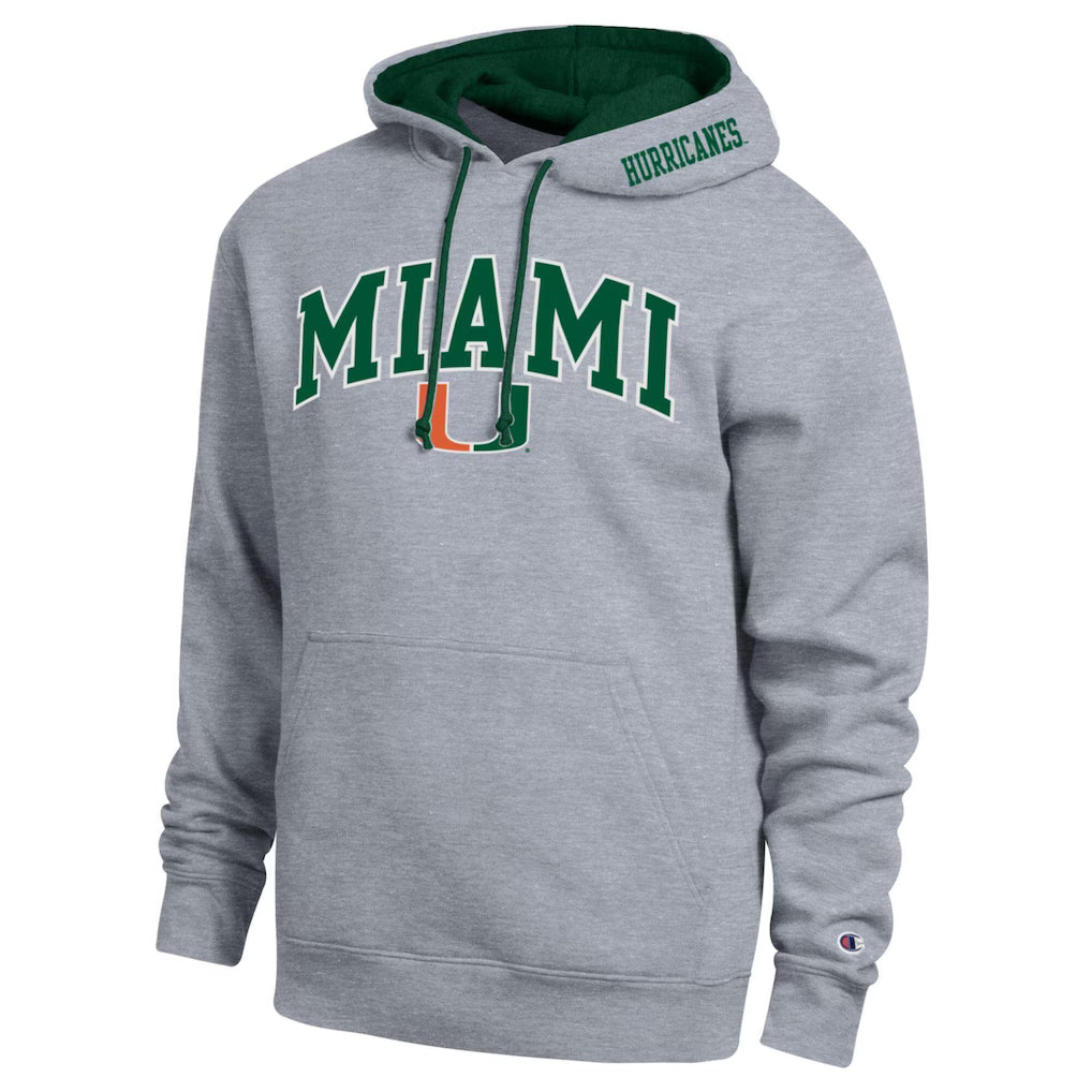 Miami Hurricanes Hoodie – Champion Arch Tackle Twill – Gray (USA Sourced)