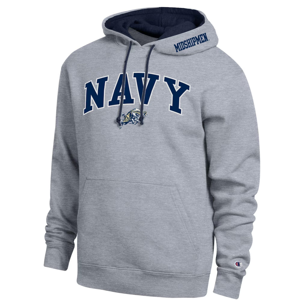 Navy Midshipmen Hoodie – Champion Arch Tackle Twill – Heather Gray (USA Sourced)