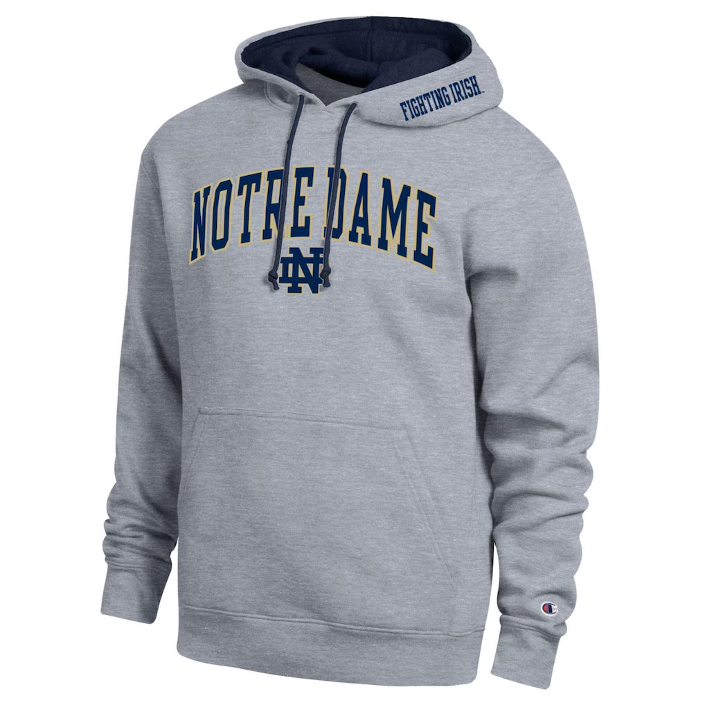 Notre Dame Fighting Irish Hoodie – Champion Arch Tackle Twill – Heather Gray (USA Sourced)