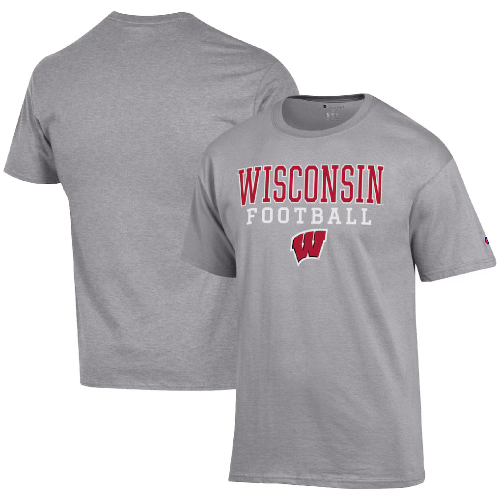 Wisconsin Badgers NCAA Champion Football Stack T-Shirt – Heather Gray (USA Stock) - UKASSNI