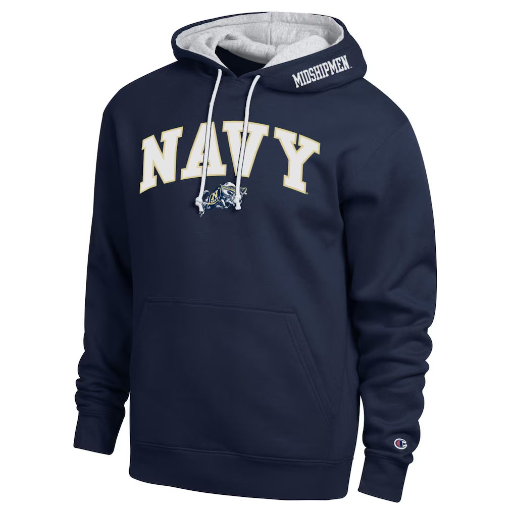 Navy Midshipmen Hoodie – Champion Arch Tackle Twill – Navy (USA Sourced)