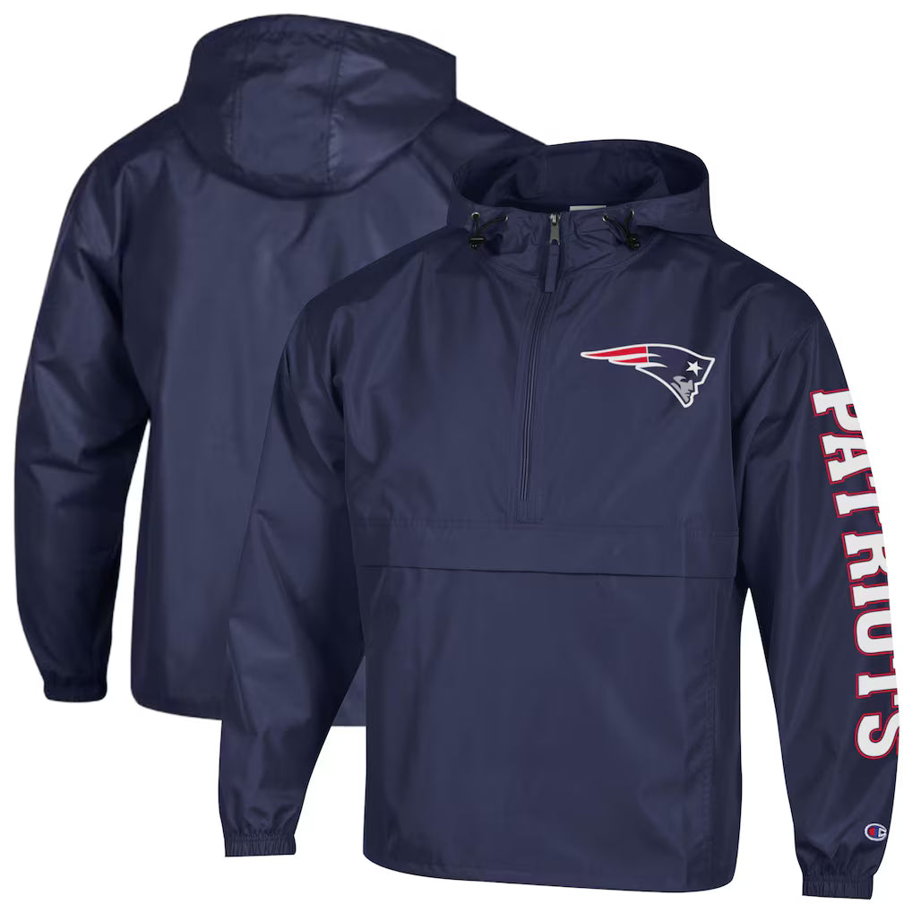New England Patriots Windbreaker Jacket – NFL Champion Packable Half-Zip – Navy (USA Sourced) by Champion