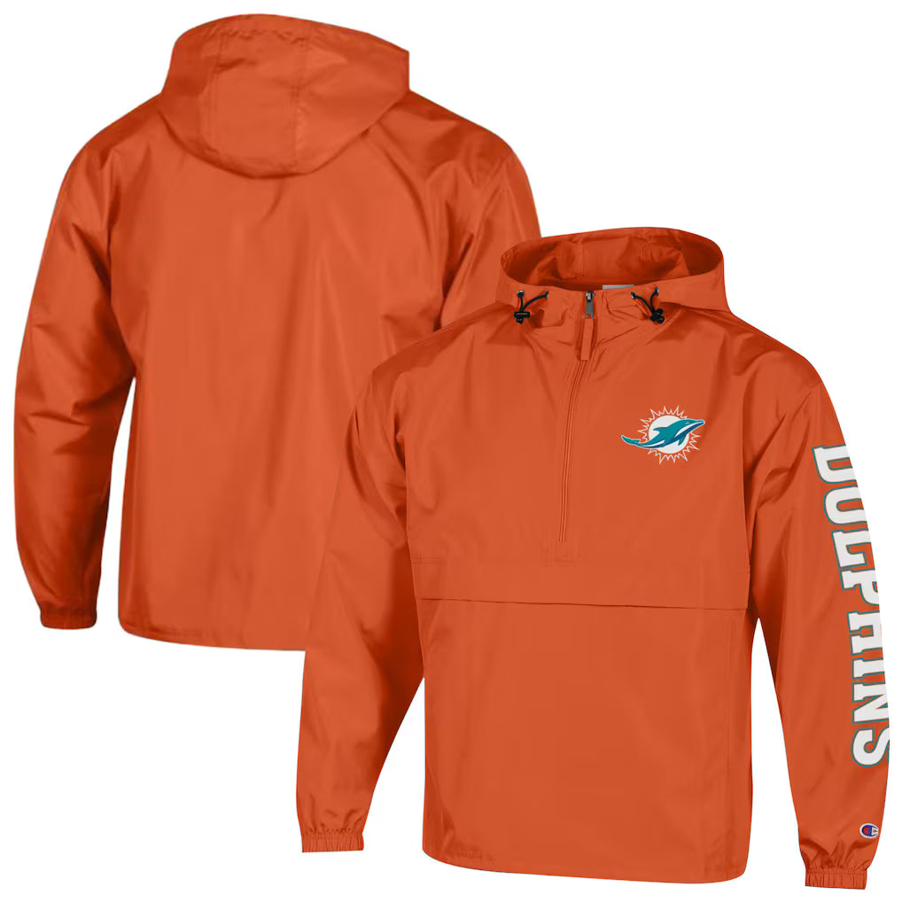Miami Dolphins Windbreaker Jacket – NFL Champion Packable Half-Zip – Orange (USA Sourced) by Champion
