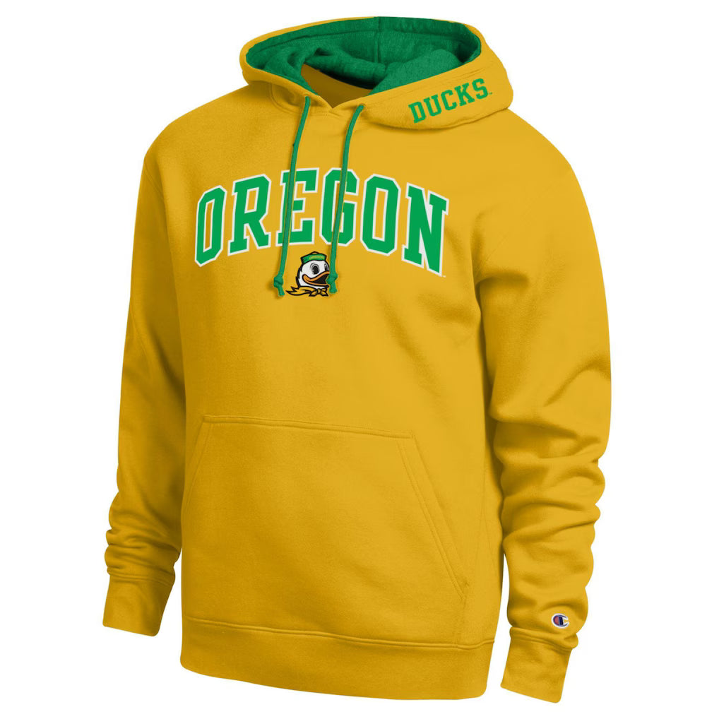 Oregon Ducks Hoodie – Champion Arch Tackle Twill – Yellow (USA Sourced)