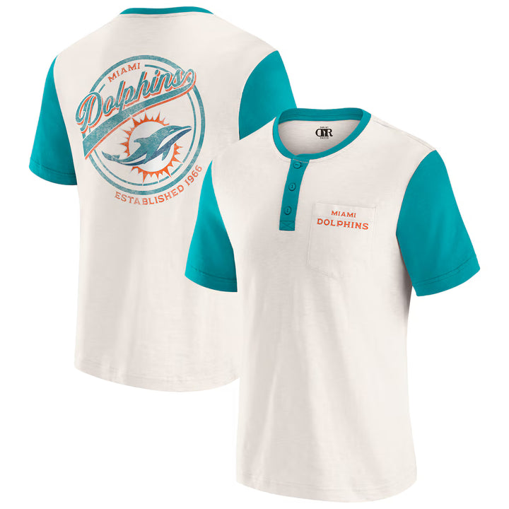 Miami Dolphins Henley T-Shirt – NFL Darius Rucker Collection Colorblock Slub – Cream (USA Sourced)