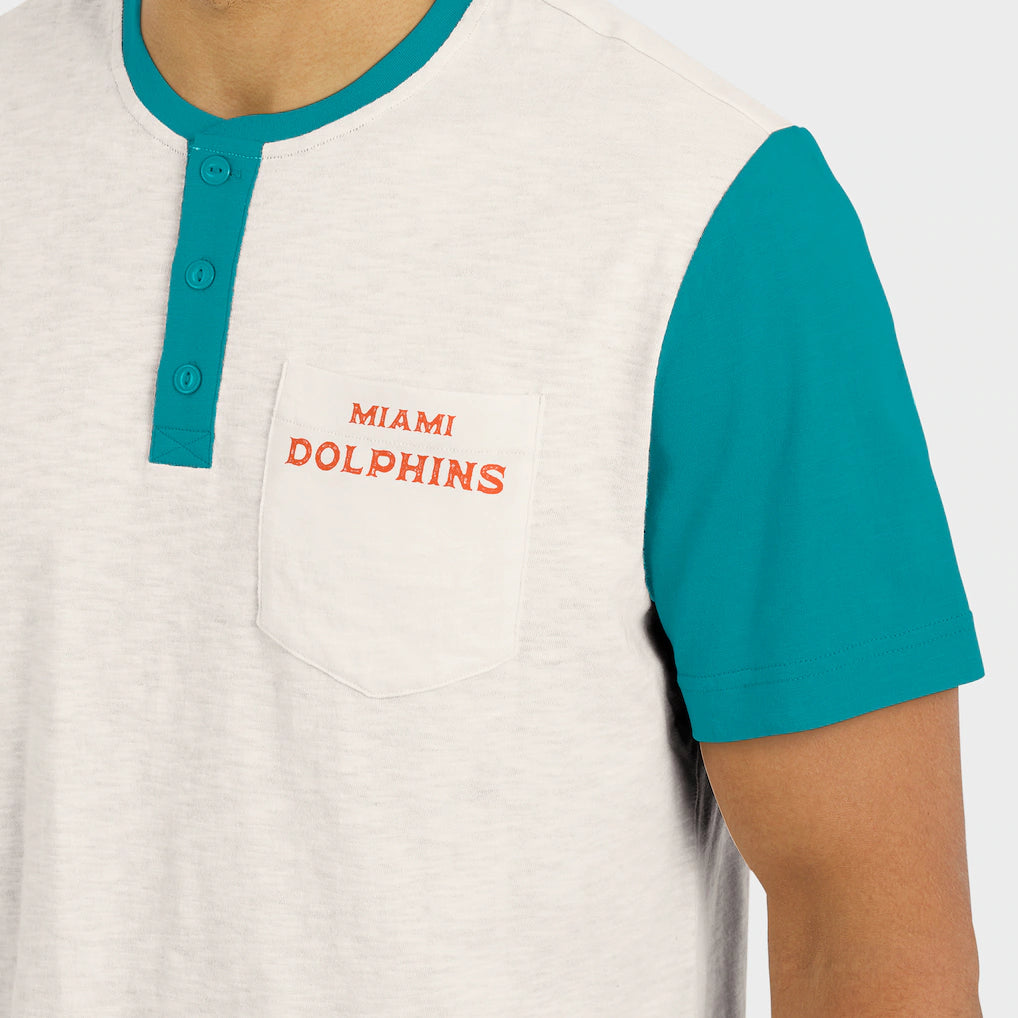 Miami Dolphins Henley T-Shirt – NFL Darius Rucker Collection Colorblock Slub – Cream (USA Sourced)