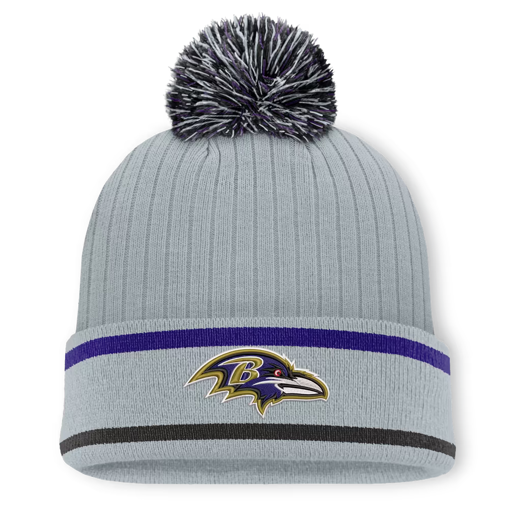 Baltimore Ravens Knit Hat with Pom – NFL Fanatics Fissure Cuffed – Gray (USA Sourced)