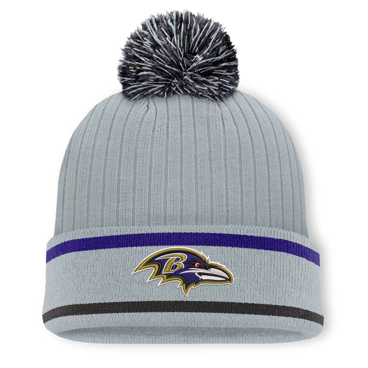 Baltimore Ravens Knit Hat with Pom – NFL Fanatics Fissure Cuffed – Gray (USA Sourced)