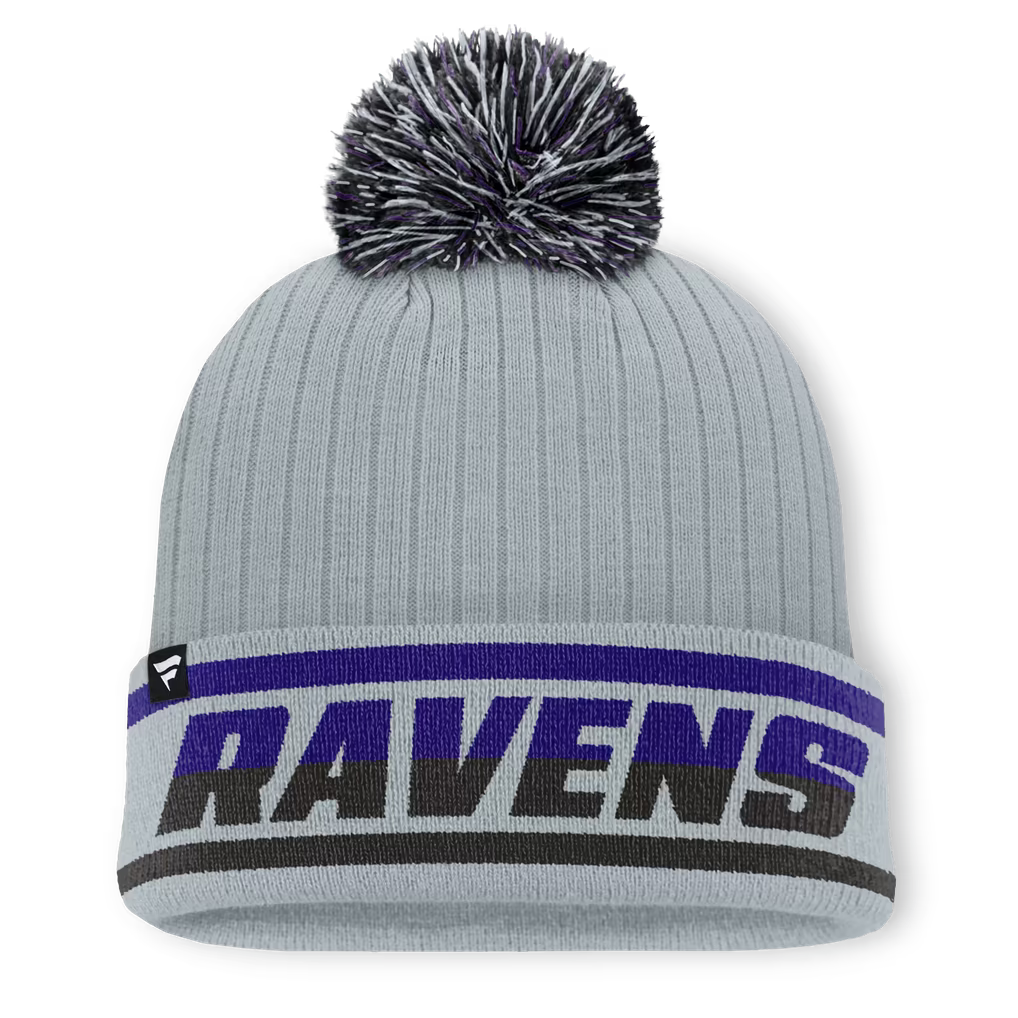 Baltimore Ravens Knit Hat with Pom – NFL Fanatics Fissure Cuffed – Gray (USA Sourced)