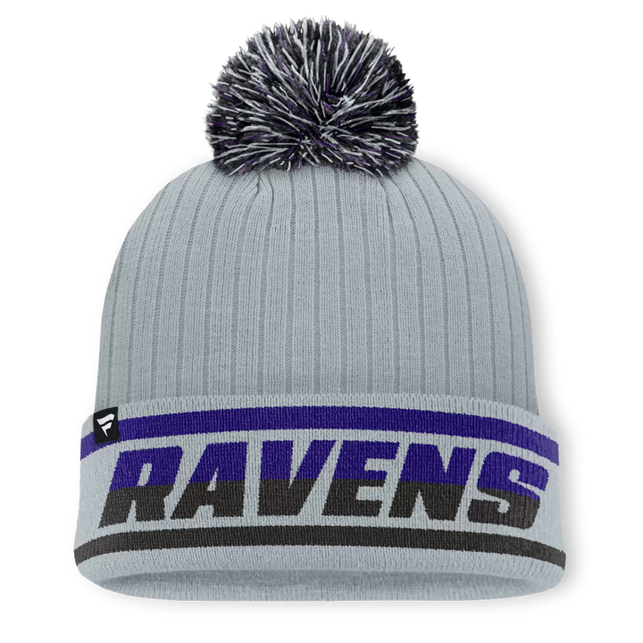 Baltimore Ravens Knit Hat with Pom – NFL Fanatics Fissure Cuffed – Gray (USA Sourced)