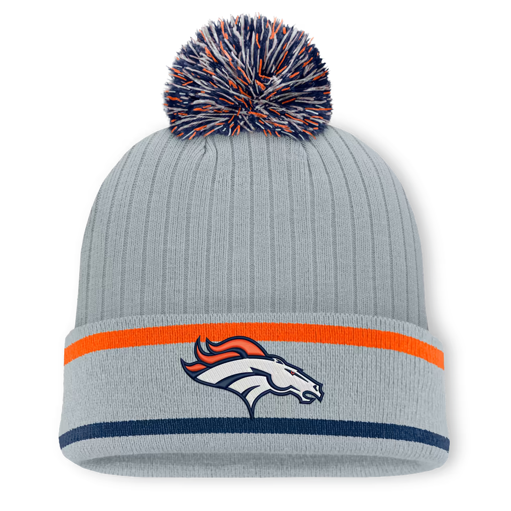 Denver Broncos Knit Hat with Pom – NFL Fanatics Fissure Cuffed – Gray (USA Sourced)