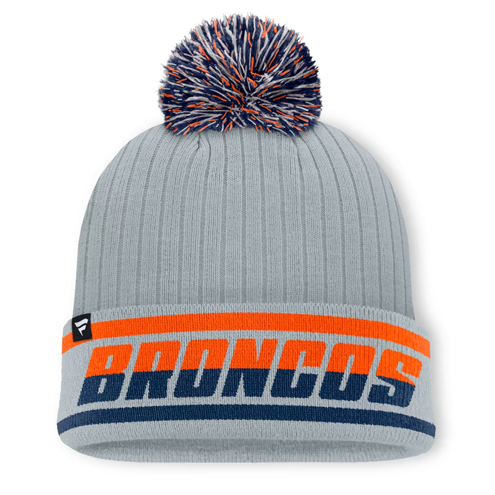 Denver Broncos Knit Hat with Pom – NFL Fanatics Fissure Cuffed – Gray (USA Sourced)