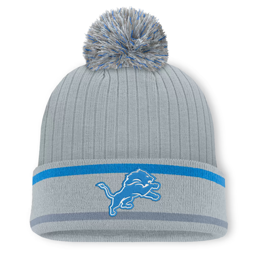Detroit Lions Knit Hat with Pom – NFL Fanatics Fissure Cuffed – Gray (USA Sourced)
