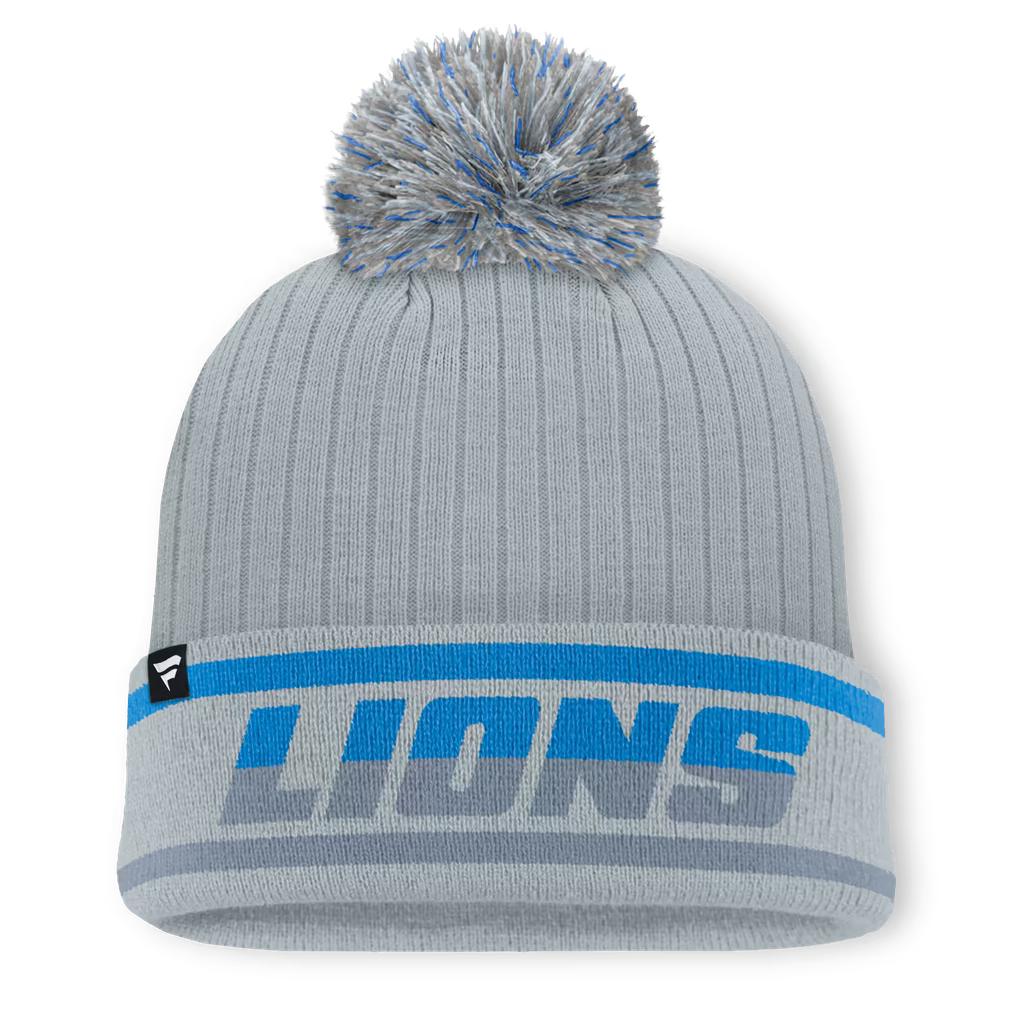 Detroit Lions Knit Hat with Pom – NFL Fanatics Fissure Cuffed – Gray (USA Sourced)