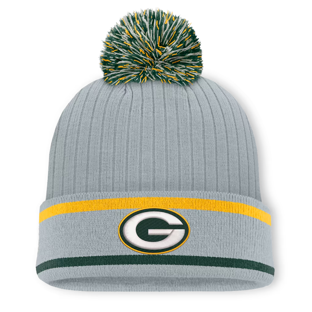 Green Bay Packers Knit Hat with Pom – NFL Fanatics Fissure Cuffed – Gray (USA Sourced)