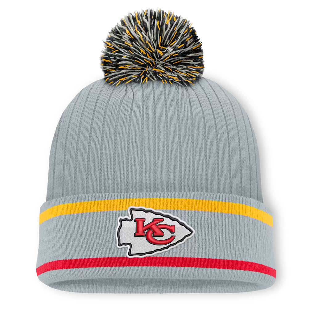 Kansas City Chiefs Knit Hat with Pom – NFL Fanatics Fissure Cuffed – Gray (USA Sourced)
