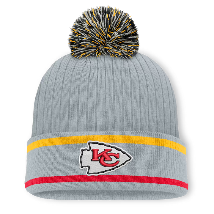 Kansas City Chiefs Knit Hat with Pom – NFL Fanatics Fissure Cuffed – Gray (USA Sourced)