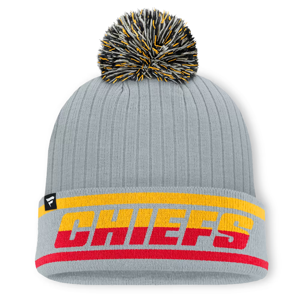 Kansas City Chiefs Knit Hat with Pom – NFL Fanatics Fissure Cuffed – Gray (USA Sourced)