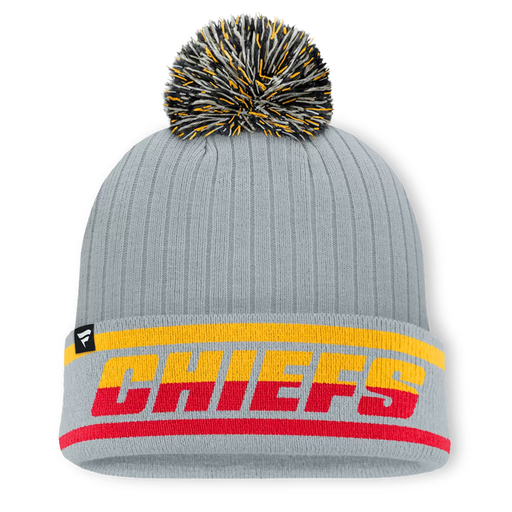 Kansas City Chiefs Knit Hat with Pom – NFL Fanatics Fissure Cuffed – Gray (USA Sourced)