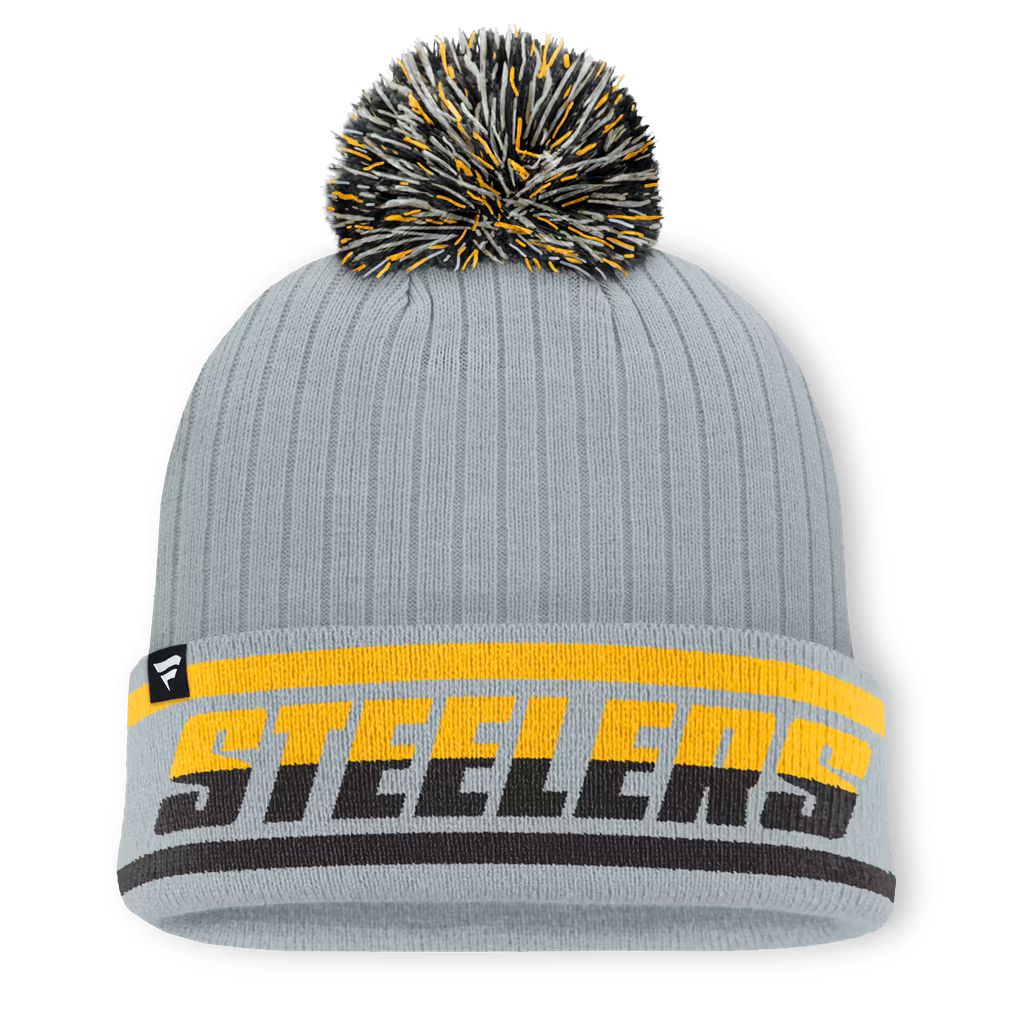 Pittsburgh Steelers Knit Hat with Pom – NFL Fanatics Fissure Cuffed – Gray (USA Sourced)