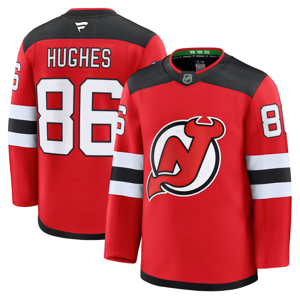 New Jersey Devils Jack Hughes Jersey – NHL Fanatics Home Premium – Red (USA Sourced)