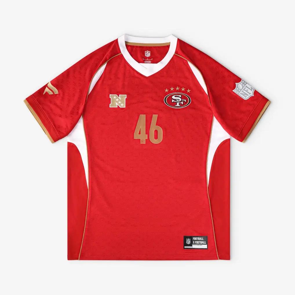 San Francisco 49ers Football x Football V-Neck Fan Top – NFL Fanatics Soccer-Style Crossover – Scarlet (USA Sourced) by Fanatics Branded