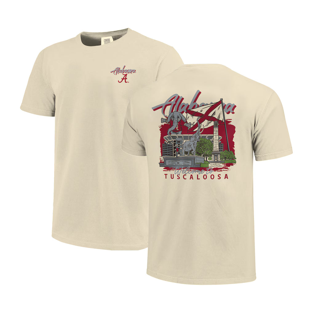 Alabama Crimson Tide T-Shirt – Image One Comfort Colors Hand-Drawn Campus Stack – Natural (USA Sourced)