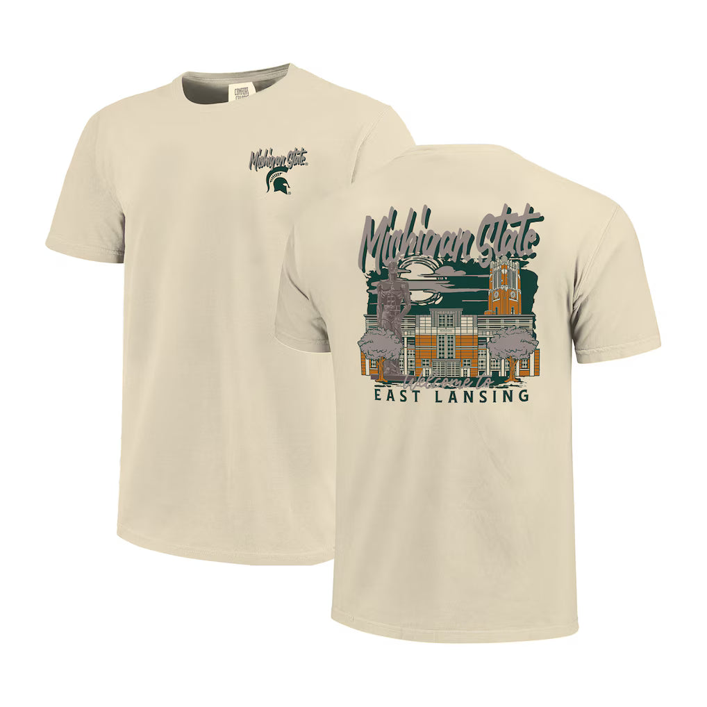 Michigan State Spartans T-Shirt – Image One Comfort Colors Hand-Drawn Campus Stack – Natural (USA Sourced)