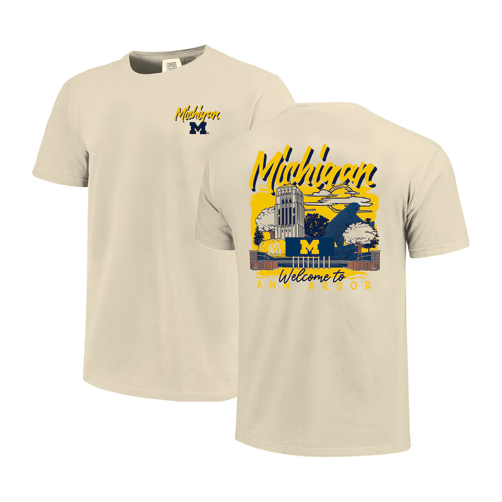 Michigan Wolverines T-Shirt – Image One Comfort Colors Hand-Drawn Campus Stack – Natural (USA Sourced)
