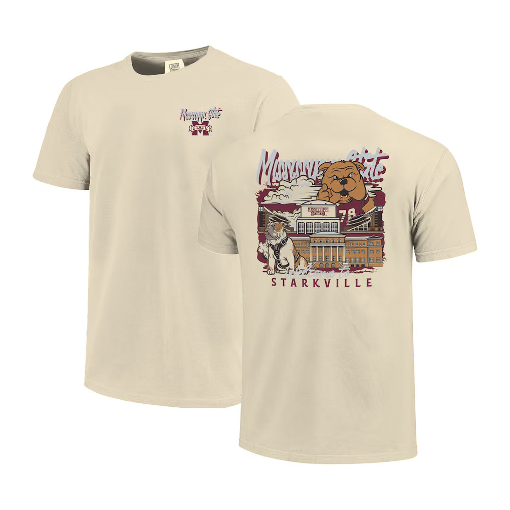 Mississippi State Bulldogs T-Shirt – Image One Comfort Colors Hand-Drawn Campus Stack – Natural (USA Sourced)