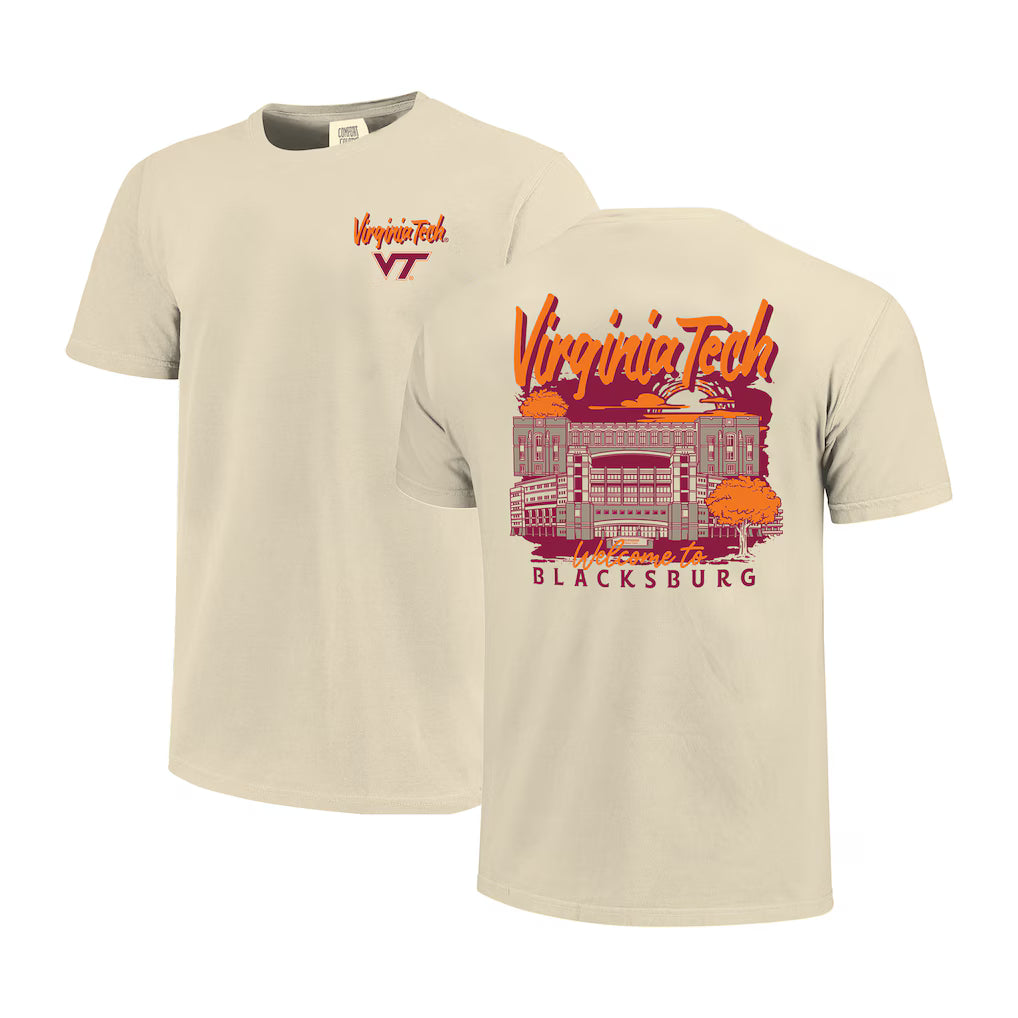 Virginia Tech Hokies T-Shirt – Image One Comfort Colors Hand-Drawn Campus Stack – Natural (USA Sourced)