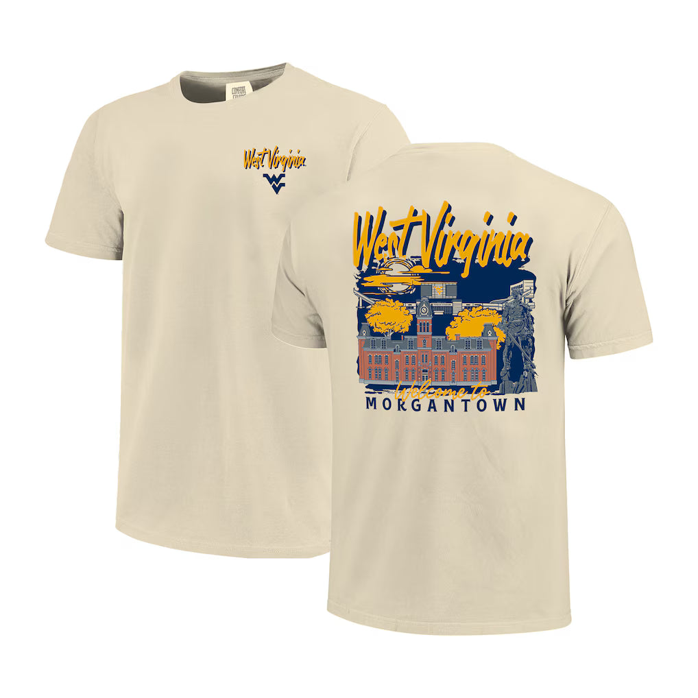 West Virginia Mountaineers T-Shirt – Image One Comfort Colors Hand-Drawn Campus Stack – Natural (USA Sourced)
